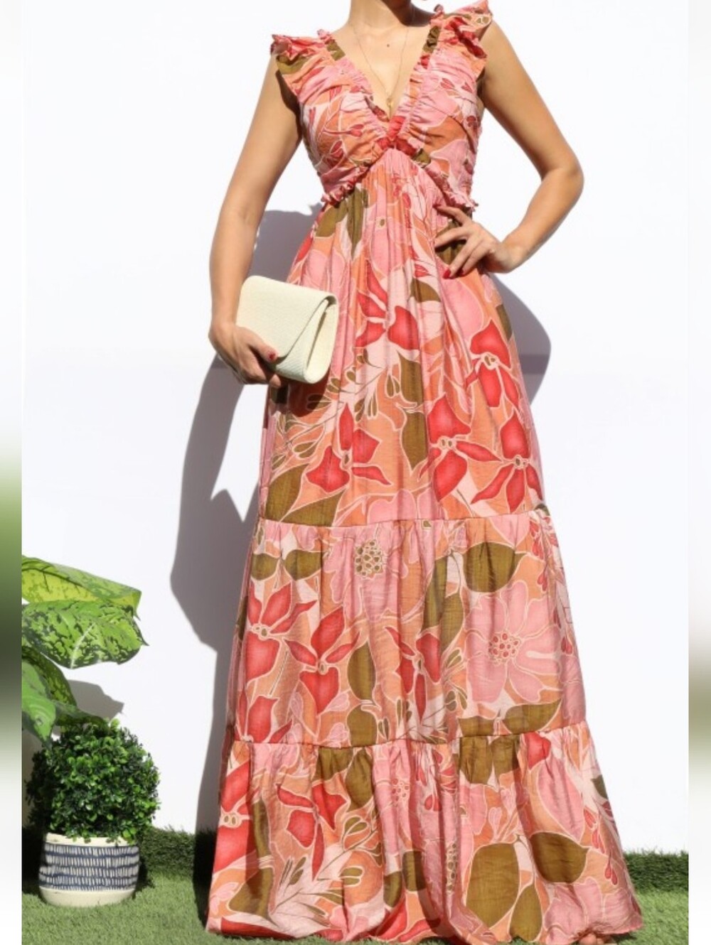 Floral Pink V-Neck Maxi Dress with Ruffle Sleeves-Medium NWT